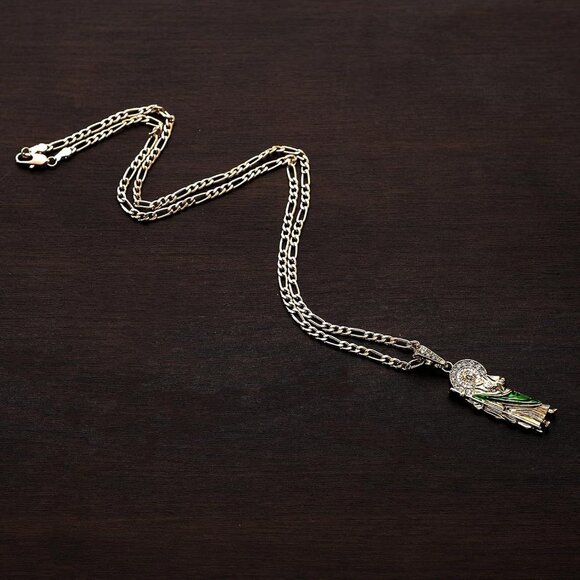 Gold Plated Green Saint Jude Pendant Necklace Figaro 24" San Judas Tadeo Medalla - Picture 3 of 7